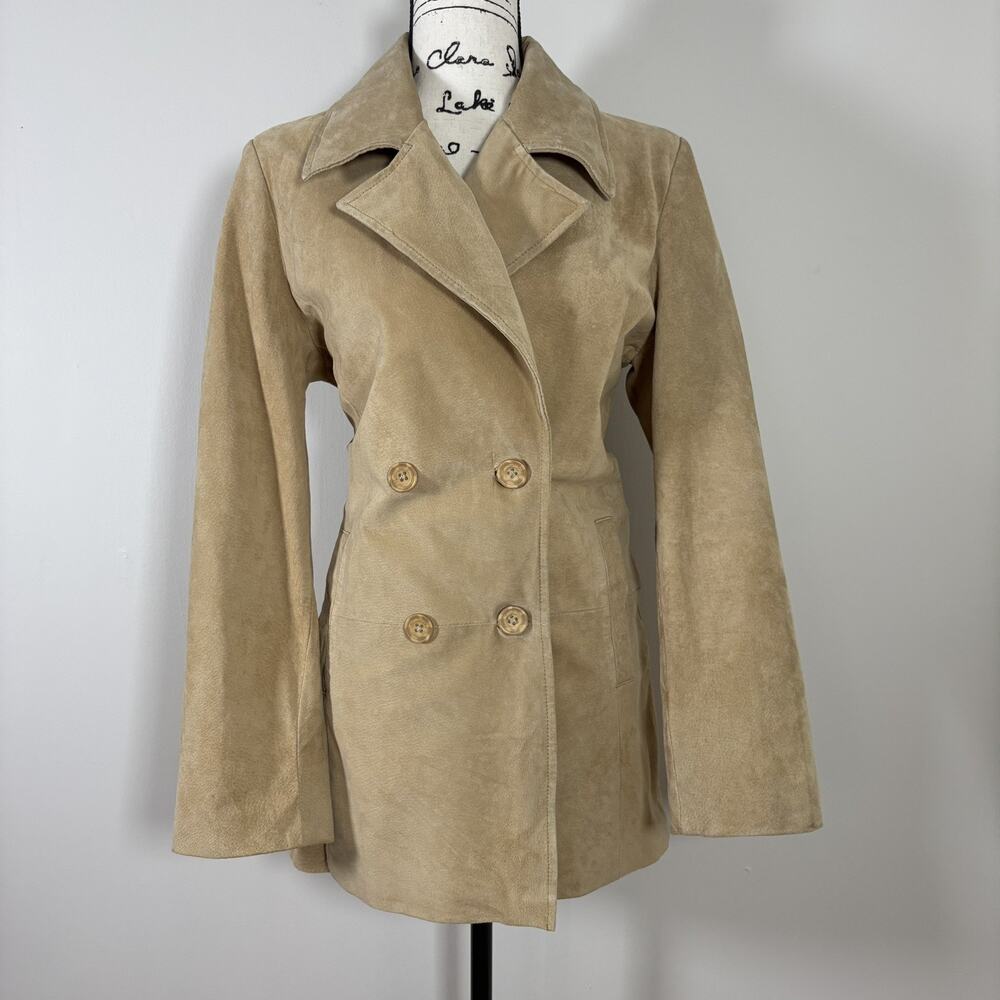 Vintage 90s Brandon Thomas Suede Jacket Camel Tan Double Breasted Pea Coat M